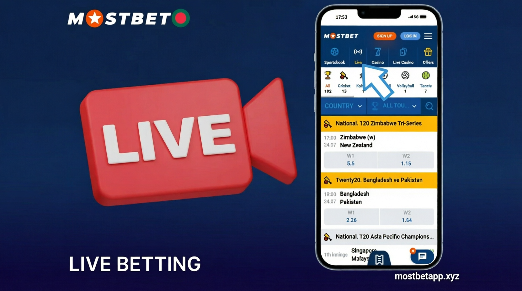 Live betting and sports streaming on Mostbet mobile app